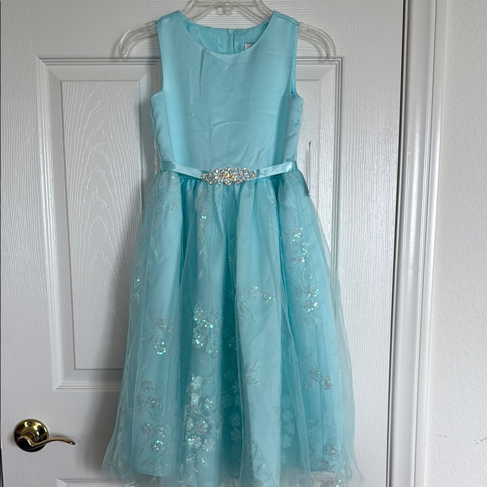 New! Elegant Aqua Blue Kids Dress with Floral Embellishments Size 6X
